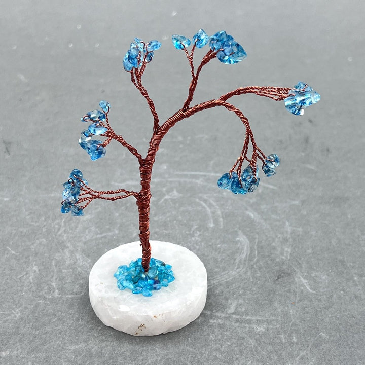 Blue Topaz Gemstone Chip Windblown Tree with Quartz Base and Copper WireCrystal River Gems