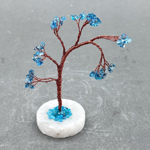 Blue Topaz Gemstone Chip Windblown Tree with Quartz Base and Copper Wire