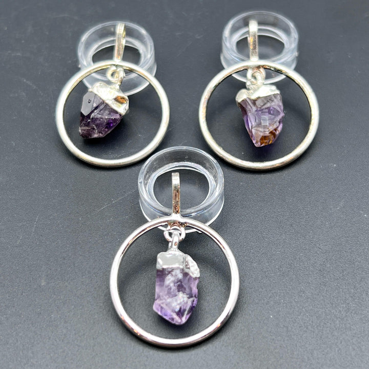 Silver Plated Ring Pendant with Raw Amethyst Dangle Point