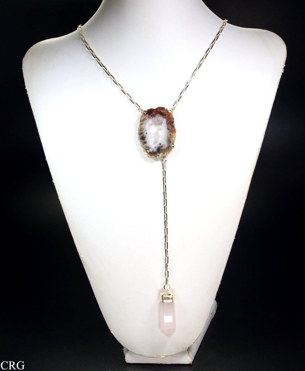 Oco Geode Slice Y-Chain Necklace with Rose Quartz Point and Gold Plating (1 Piece) Size 24 Inches Polished 6-Sided Pendant