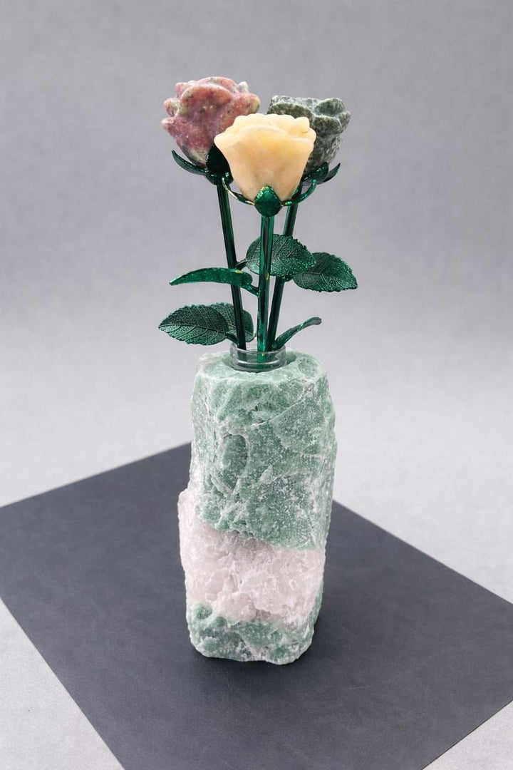 Carved Gemstone Roses with Rough Gemstone VaseCrystal River Gems