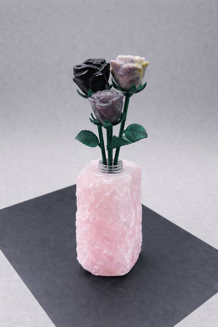 Carved Gemstone Roses with Rough Gemstone VaseCrystal River Gems