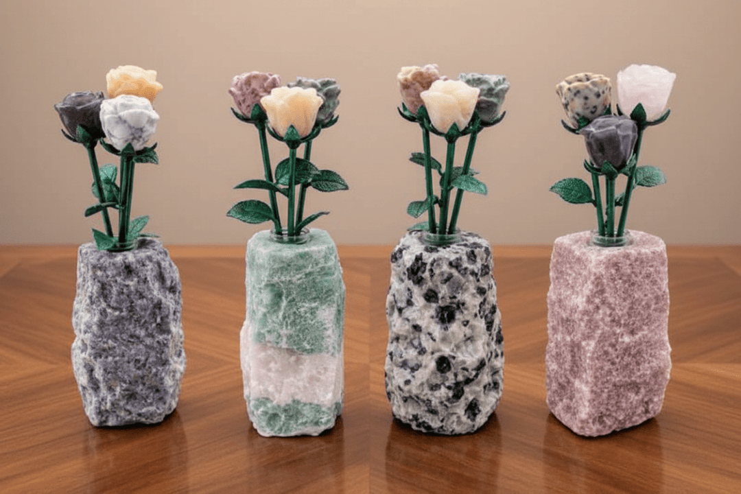 Carved Gemstone Roses with Rough Gemstone VaseCrystal River Gems