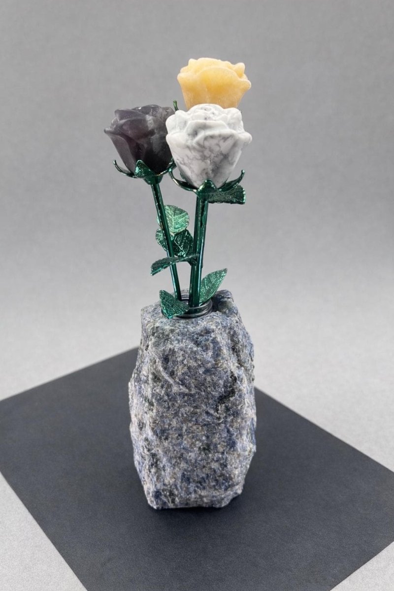 Carved Gemstone Roses with Rough Gemstone VaseCrystal River Gems