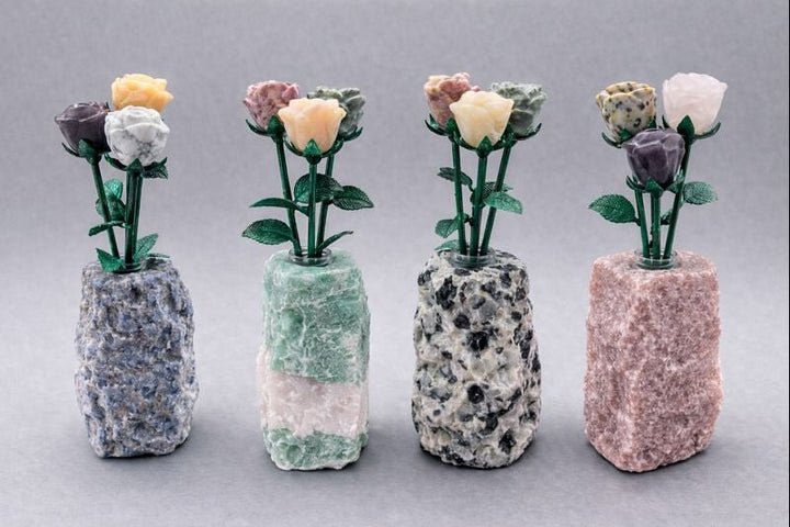 Carved Gemstone Roses with Rough Gemstone VaseCrystal River Gems