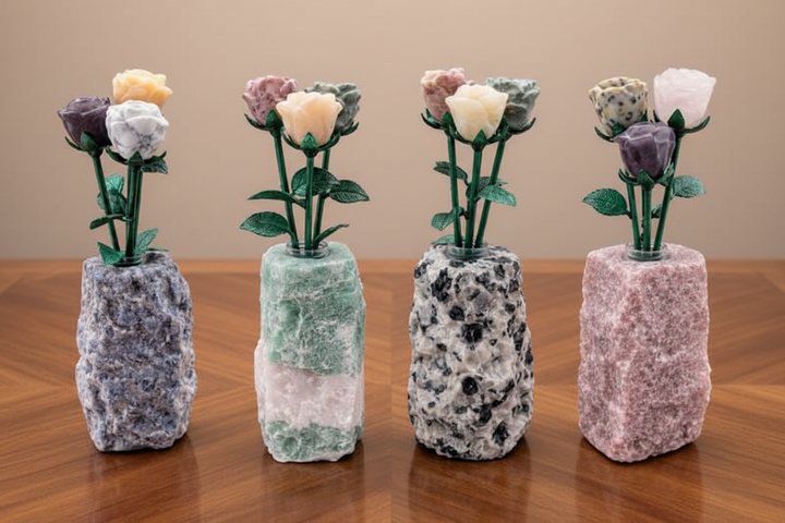 Carved Gemstone Roses with Rough Gemstone Vase