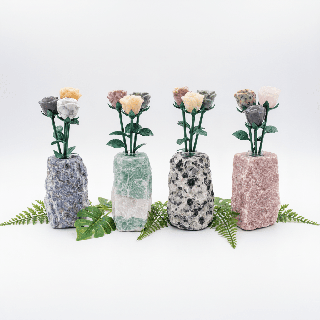 Carved Gemstone Roses with Rough Gemstone VaseCrystal River Gems