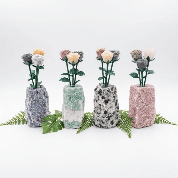 Carved Gemstone Roses with Rough Gemstone VaseCrystal River Gems