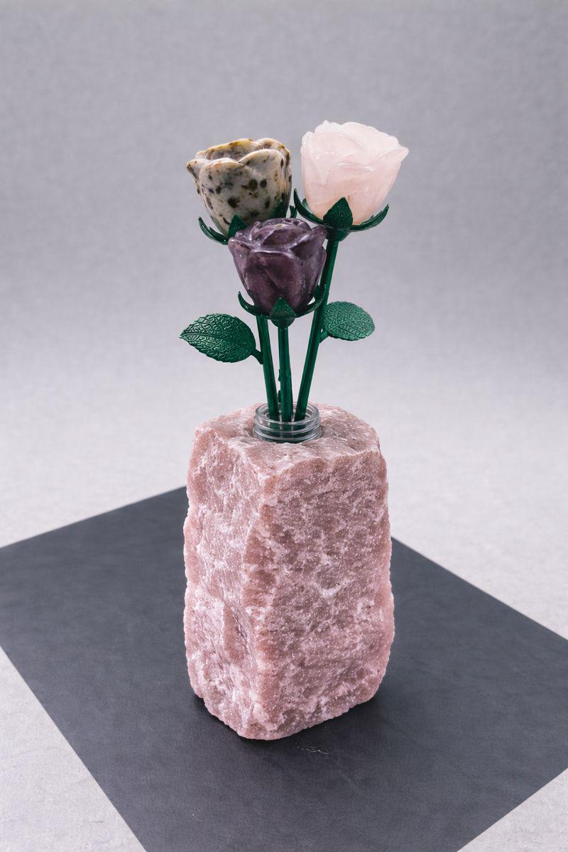 Carved Gemstone Roses with Rough Gemstone VaseCrystal River Gems