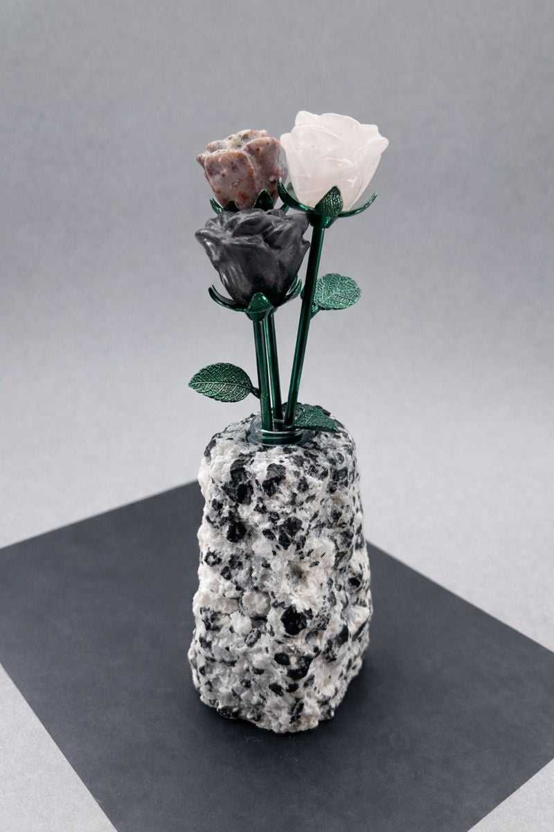Carved Gemstone Roses with Rough Gemstone VaseCrystal River Gems