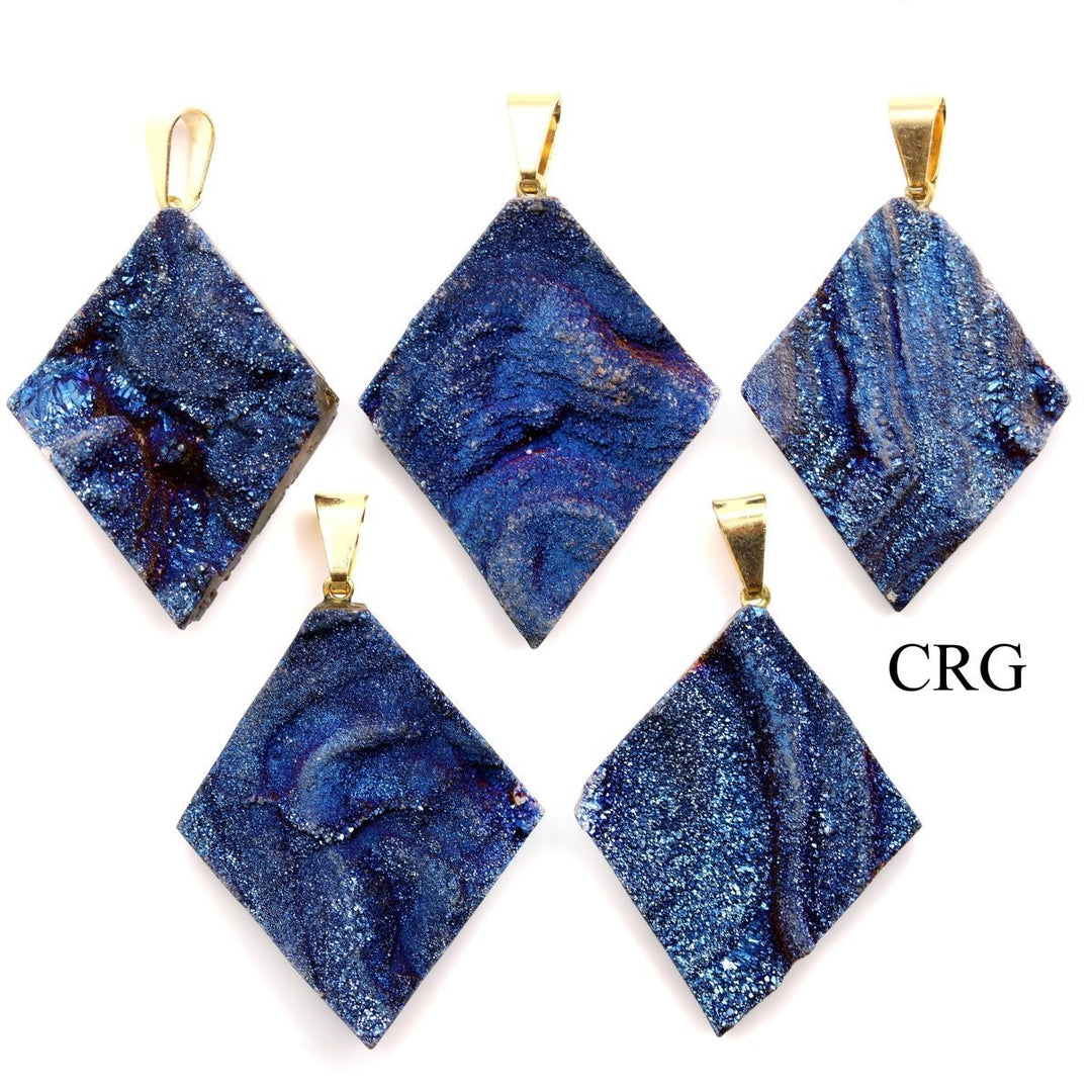 Chalcedony Agate Druzy Diamond Pendant with Cobalt Blue Coating and Gold Bail (1 Piece) Size 35 mm Crystal Jewelry CharmCrystal River Gems