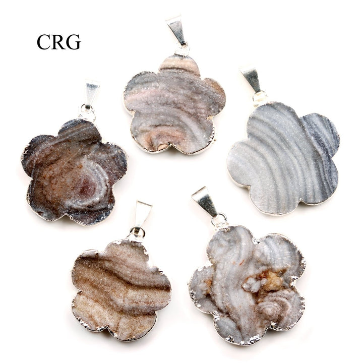 Chalcedony Agate Druzy Flower Pendant with Silver Plating (1 Piece) Size 25 to 35 mm Crystal Jewelry CharmCrystal River Gems