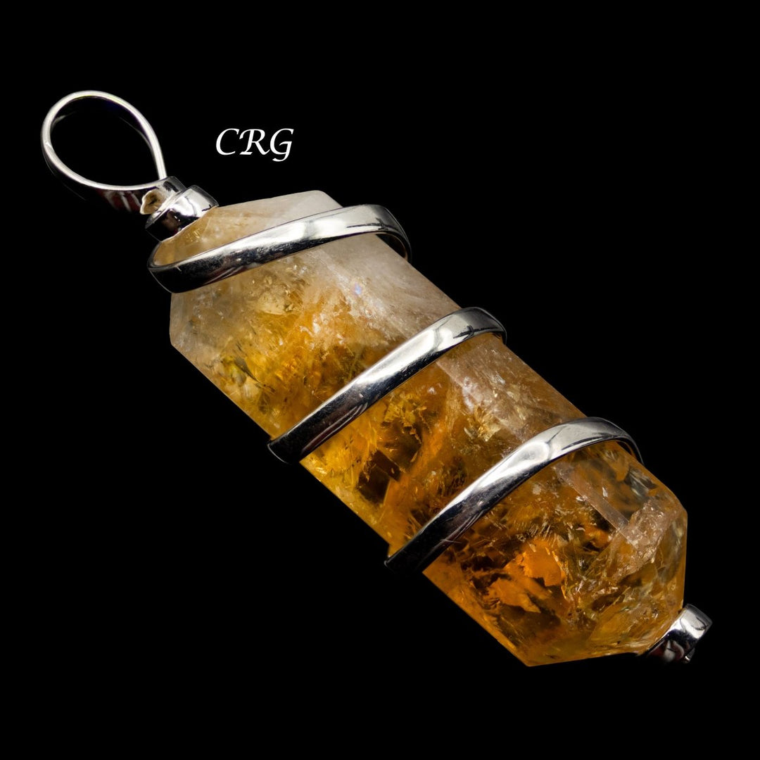 Citrine Double Terminated Pendant with Spiral Silver Wire Cage (4 Pieces) Size 2 Inches Crystal Jewelry CharmCrystal River Gems