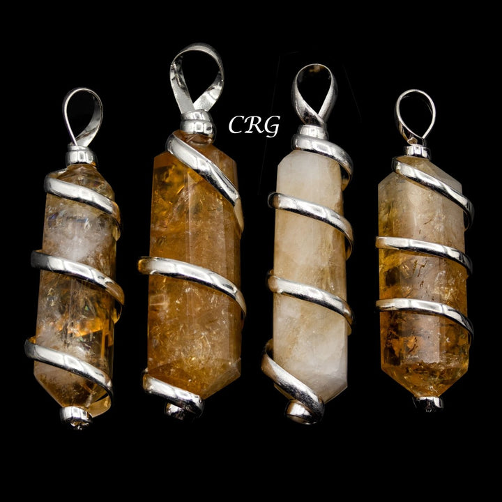 Citrine Double Terminated Pendant with Spiral Silver Wire Cage (4 Pieces) Size 2 Inches Crystal Jewelry CharmCrystal River Gems