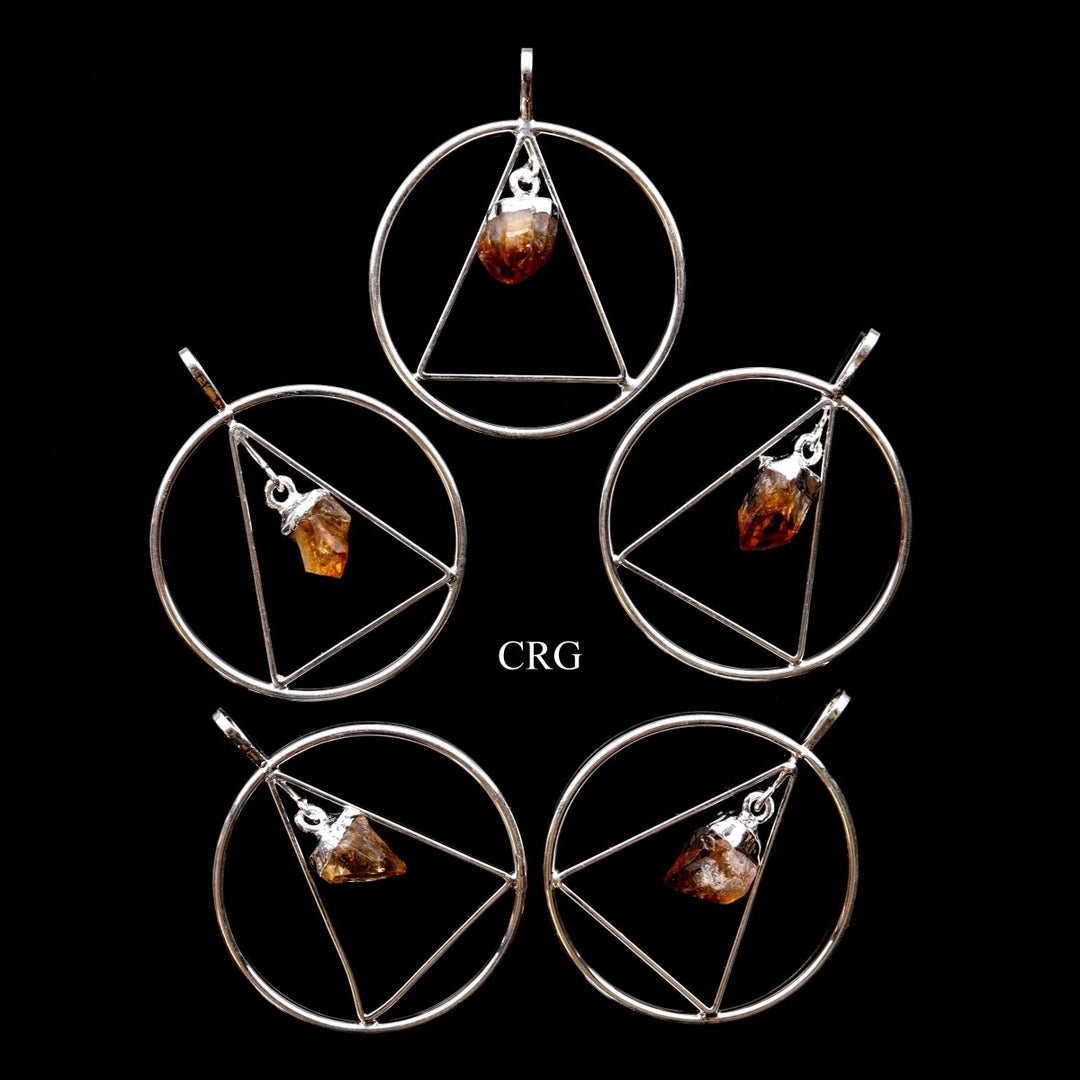 Citrine Point on Silver-Plated Triangle in Ring Pendant (4 Pieces) Size 1.5 Inches Crystal Jewelry Charm
