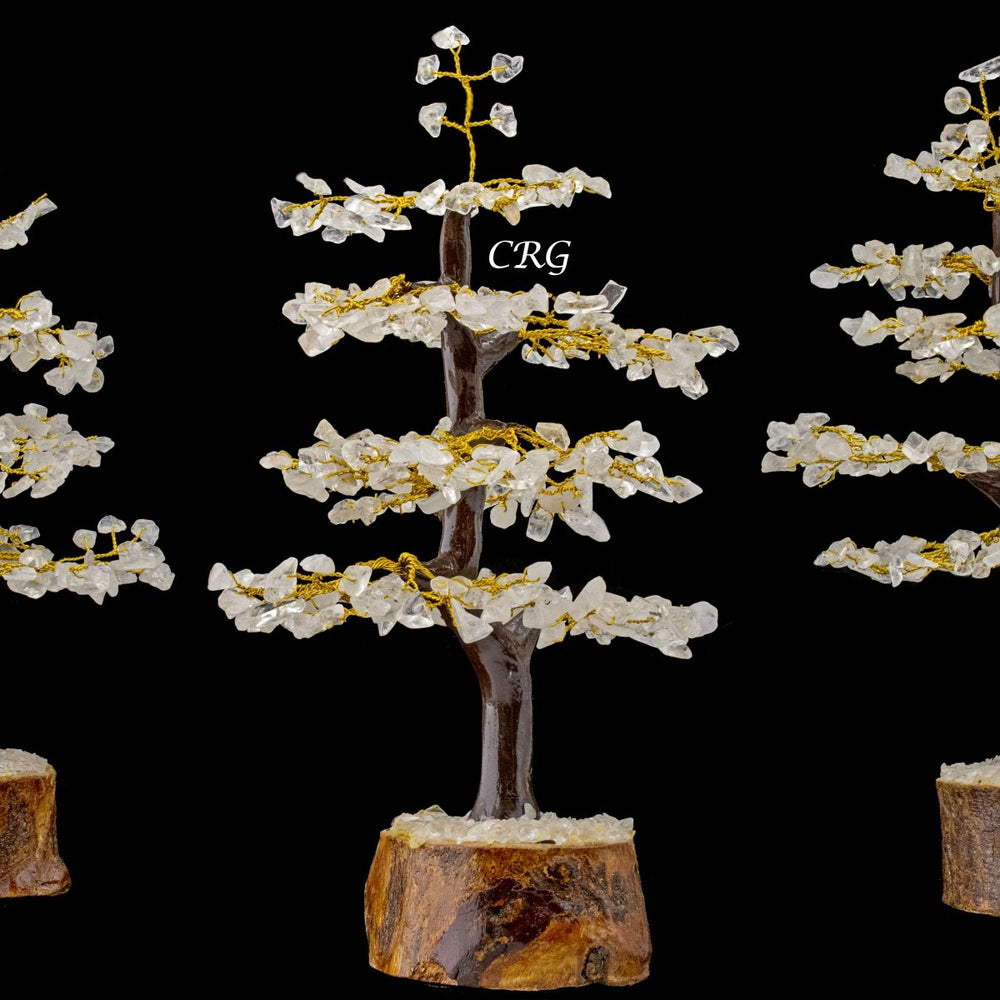 Clear Quartz 300 Chip Tree with Wood Base and Gold Wire (1 Piece) Size 9 Inches Crystal Gemstone Tree