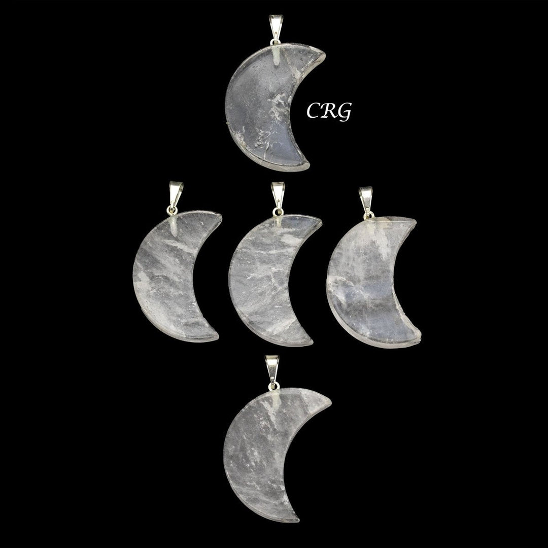 Clear Quartz Crescent Moon Pendants with Silver Bail (5 Pieces) Size 35 to 45 mm Crystal Jewelry Charm