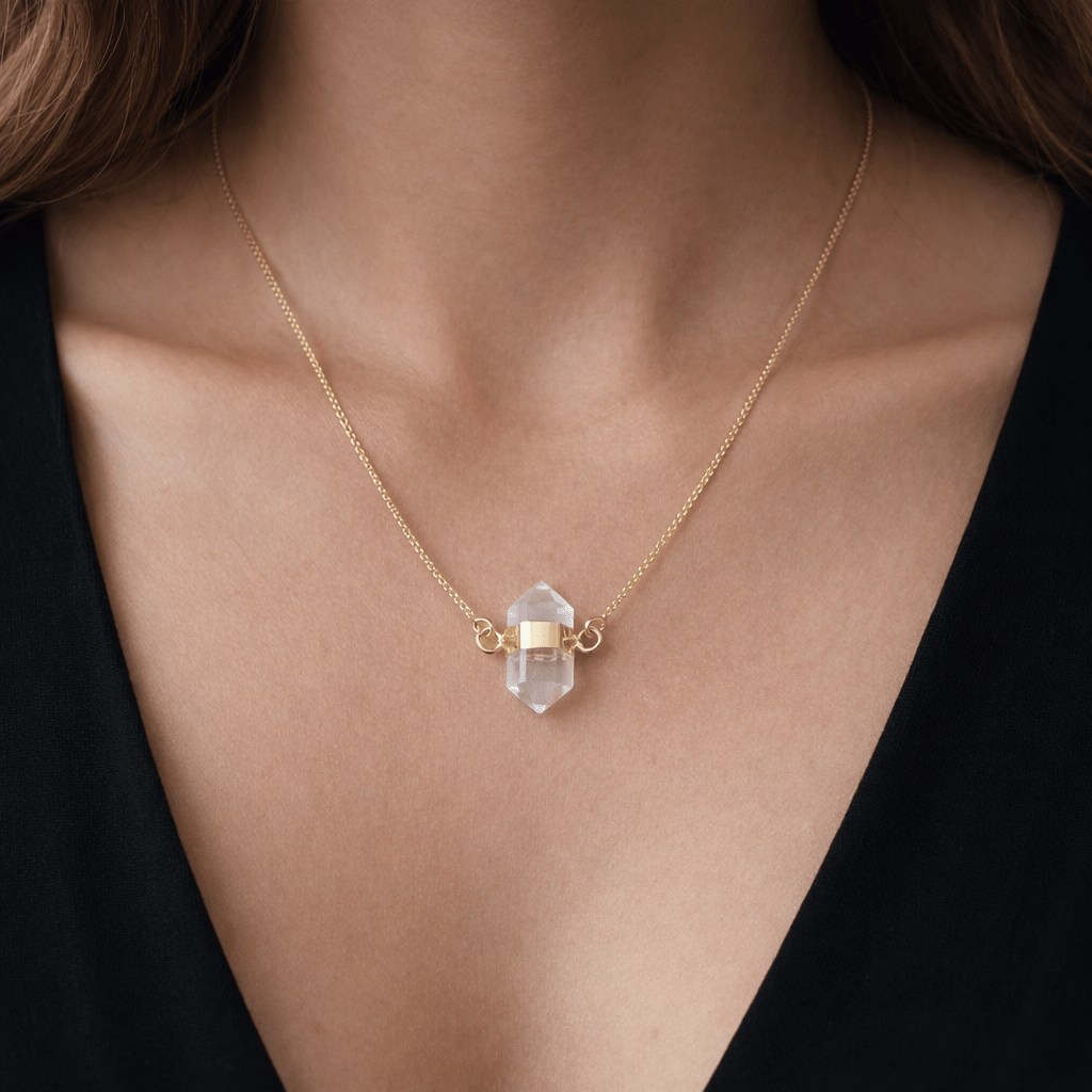 Clear Quartz Mini Double Terminated Point Necklace with Gold Plating (18 Inches) (1 Piece)Crystal River Gems