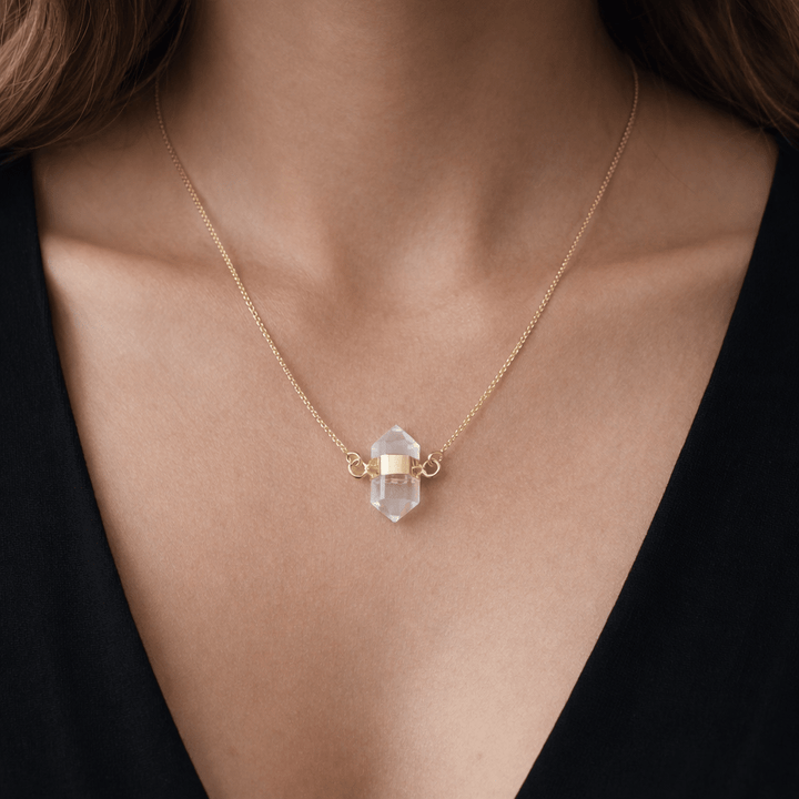 Clear Quartz Mini Double Terminated Point Necklace with Gold Plating (18 Inches) (1 Piece)Crystal River Gems