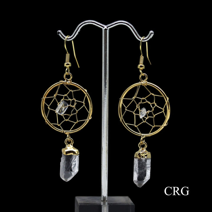 Clear Quartz Point Dream Catcher Earrings with Gold Plating (2 Inches) (1 Pair)Crystal River Gems
