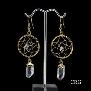 Clear Quartz Point Dream Catcher Earrings with Gold Plating (2 Inches) (1 Pair)