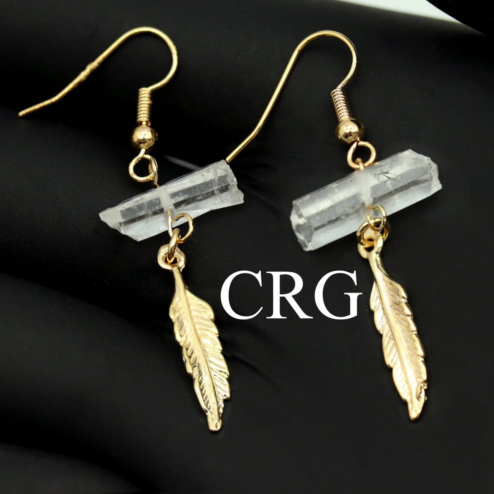 Clear Quartz Point Earrings with Feather Charm and Gold-Plated Ear Wire (2 Pieces) Size 1.5 to 2 Inches Crystal Jewelry