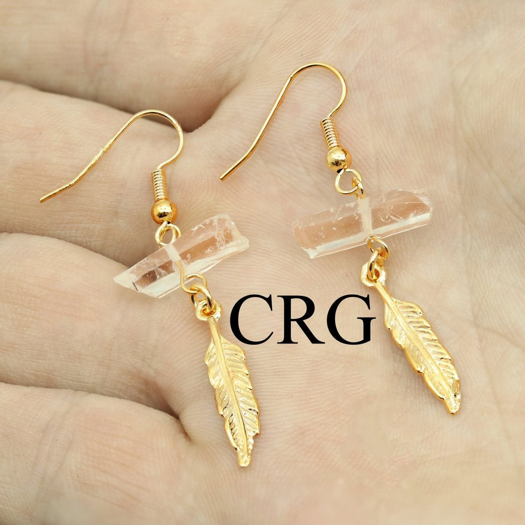 Clear Quartz Point Earrings with Feather Charm and Gold-Plated Ear Wire (2 Pieces) Size 1.5 to 2 Inches Crystal Jewelry