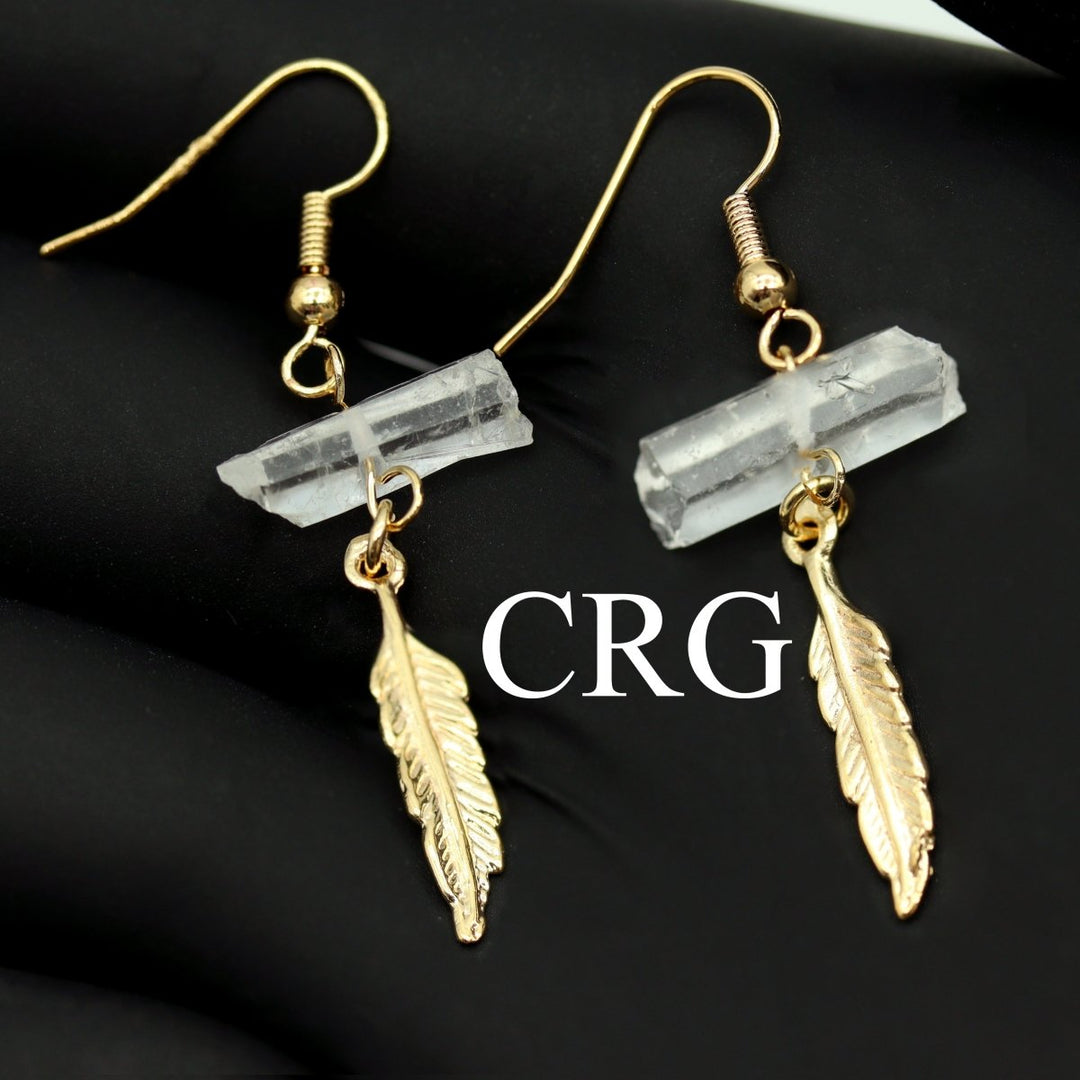 Clear Quartz Point Earrings with Gold Plated Feather Charm and Wire (2 Inches) (1 Pair)Crystal River Gems