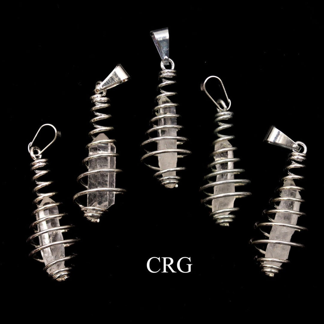 Clear Quartz Point in Silver-Plated Spiral Cage Pendant (4 Pieces) Size 1 to 2 Inches Crystal Jewelry Charm