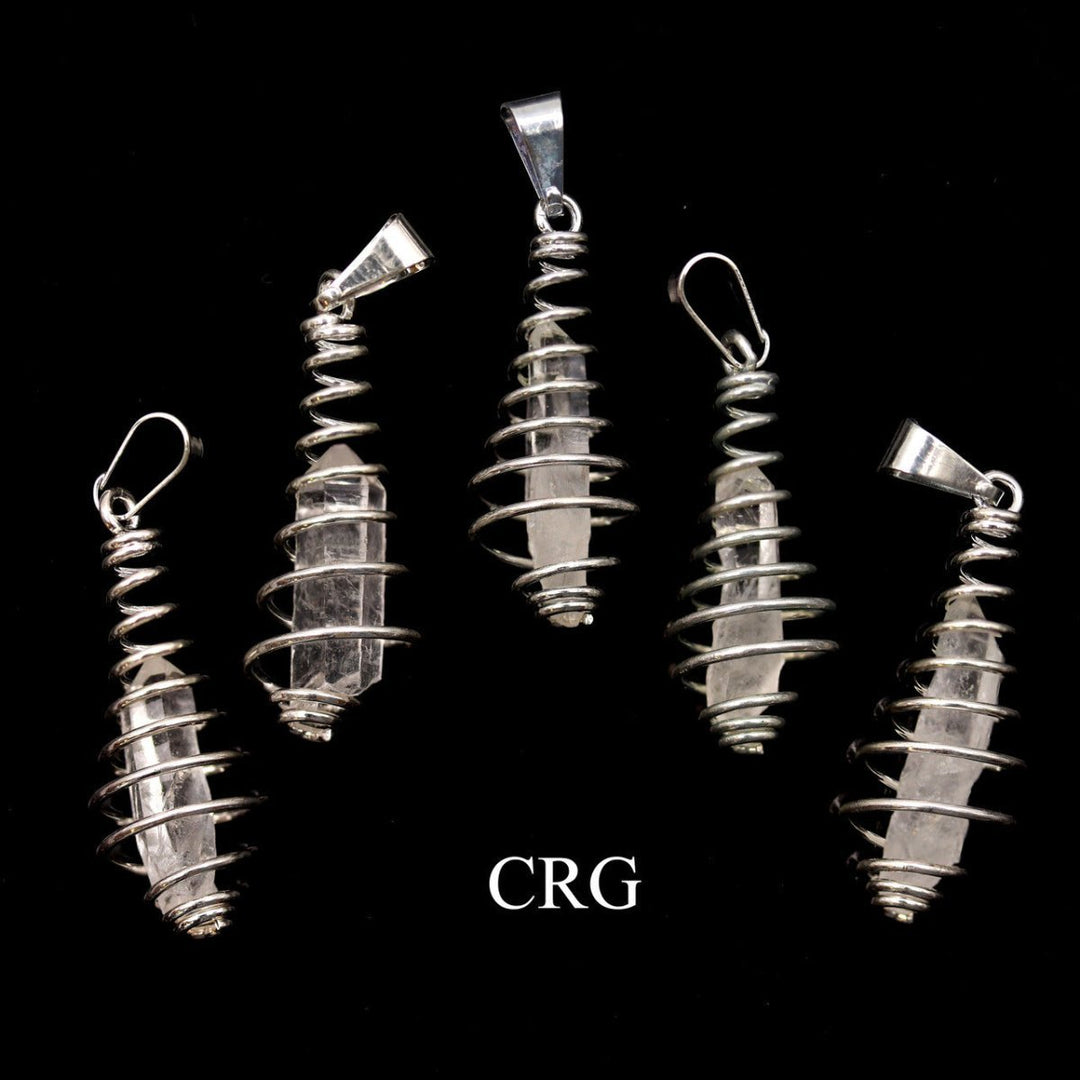 Clear Quartz Point in Silver - Plated Spiral Cage Pendant (4 Pieces) Size 1 to 2 Inches Crystal Jewelry CharmCrystal River Gems