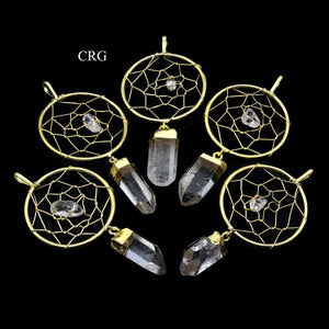 Clear Quartz Point on Gold-Plated Dream Catcher Pendant (4 Pieces) Size 1 to 2 Inches Crystal Jewelry Charm