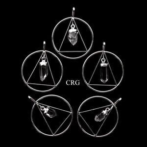 Clear Quartz Point on Silver-Plated Triangle in Ring Pendant (4 Pieces) Size 1.5 Inches Crystal Jewelry Charm