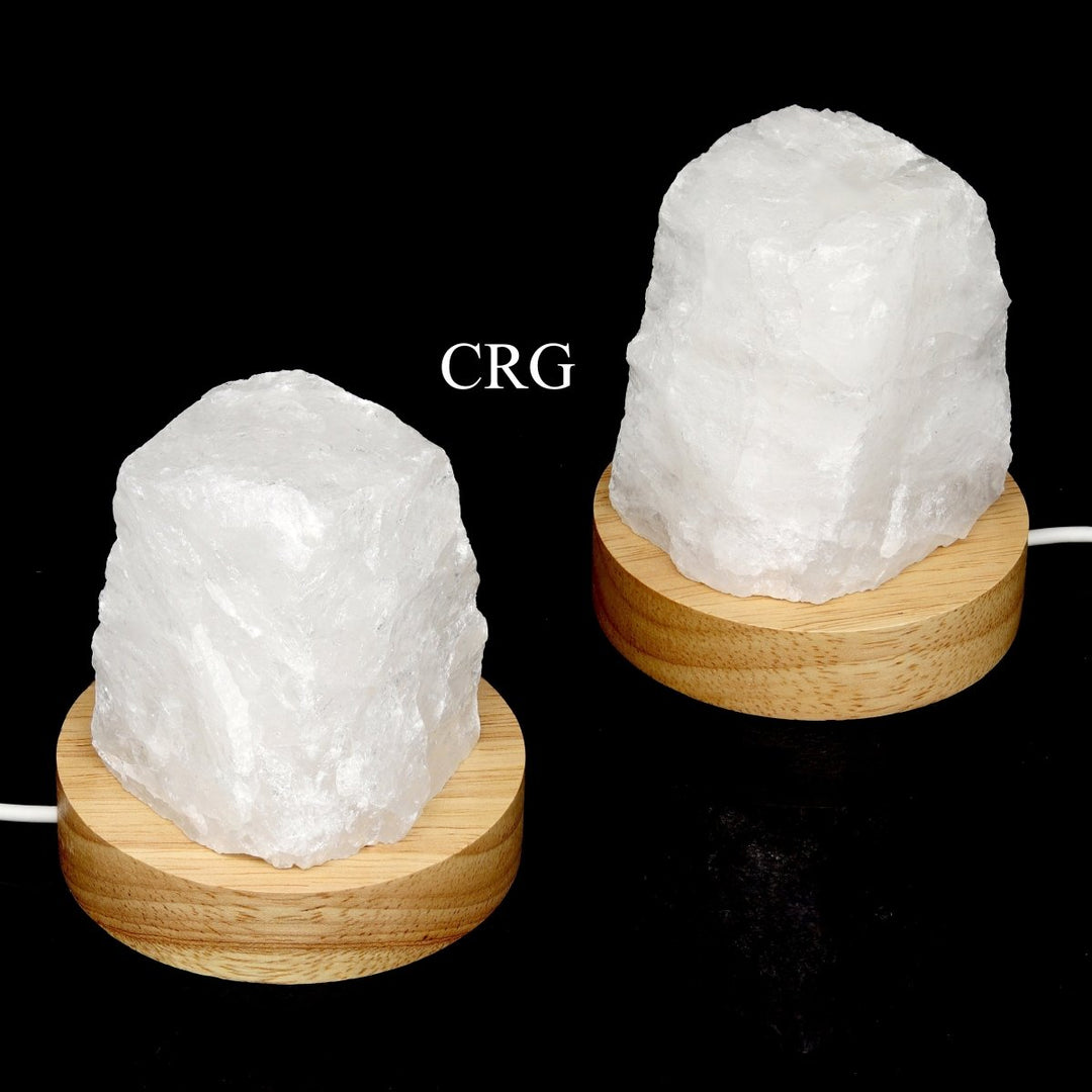 Clear Quartz Rough Lamp with Wooden Color Light Changing Base (2 Pieces) Size 2.5 to 3.5 Inches Crystal Decor