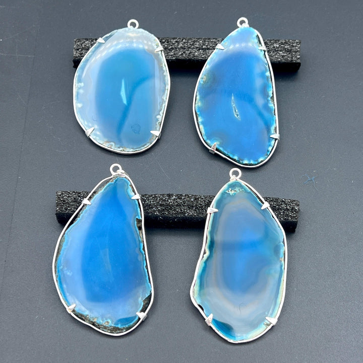Teal Agate Slice Silver Plated Prong Pendant