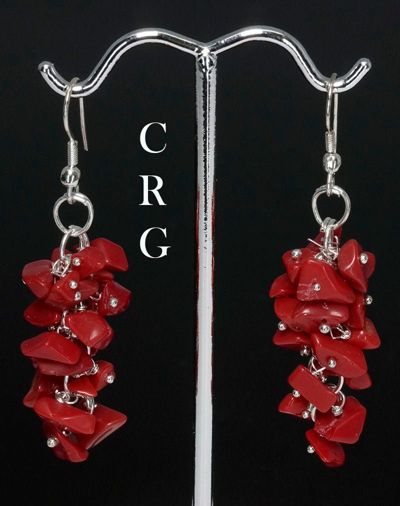 Red Coral Grape Cluster Earrings with Silver Plated Wire (1 Pair) Wholesale Crystal Gemstone JewelryCrystal River Gems