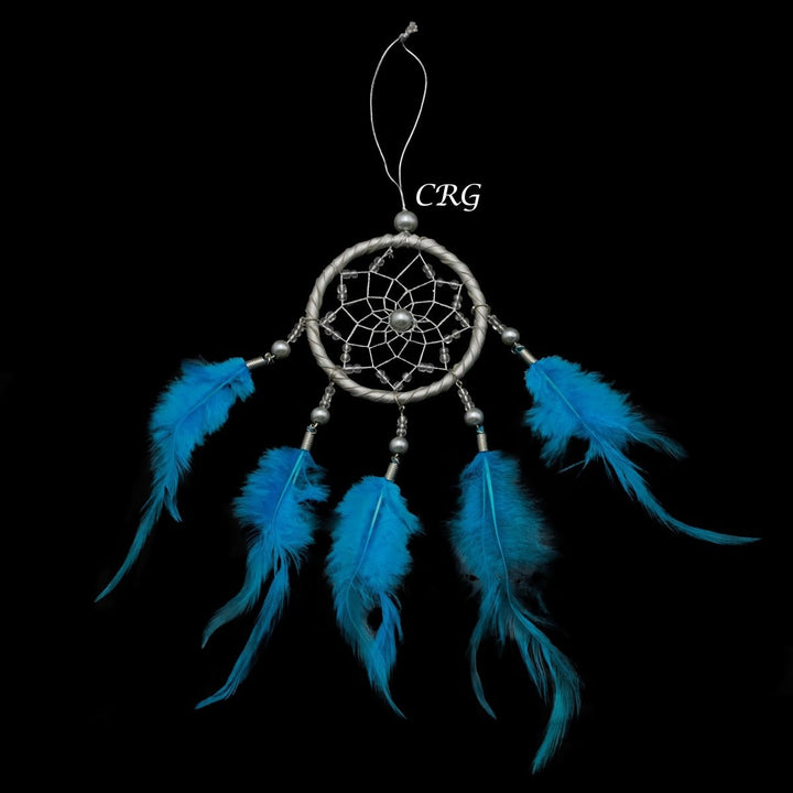 Dreamcatcher with Blue Feathers (1 Piece) Size 12 Inches Small Silver Dream TrapCrystal River Gems