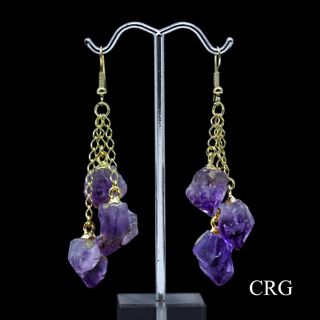 Amethyst Triple Point Earrings with Gold Plated Wire (1 Pair) Wholesale Crystal Gemstone JewelryCrystal River Gems