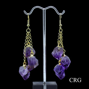 Amethyst Triple Point Earrings with Gold Plated Wire (2 Inches) (1 Pair)