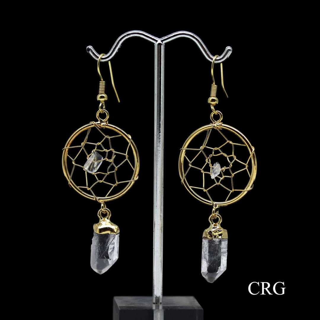 Clear Quartz Point Dream Catcher Earrings with Gold Plating (1 Pair) Wholesale Crystal Gemstone JewelryCrystal River Gems