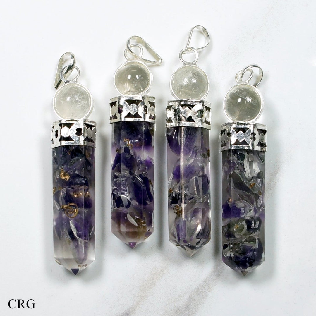 Amethyst Orgonite Point Pendant with Crystal Ball and Silver Plating (4 Pieces)