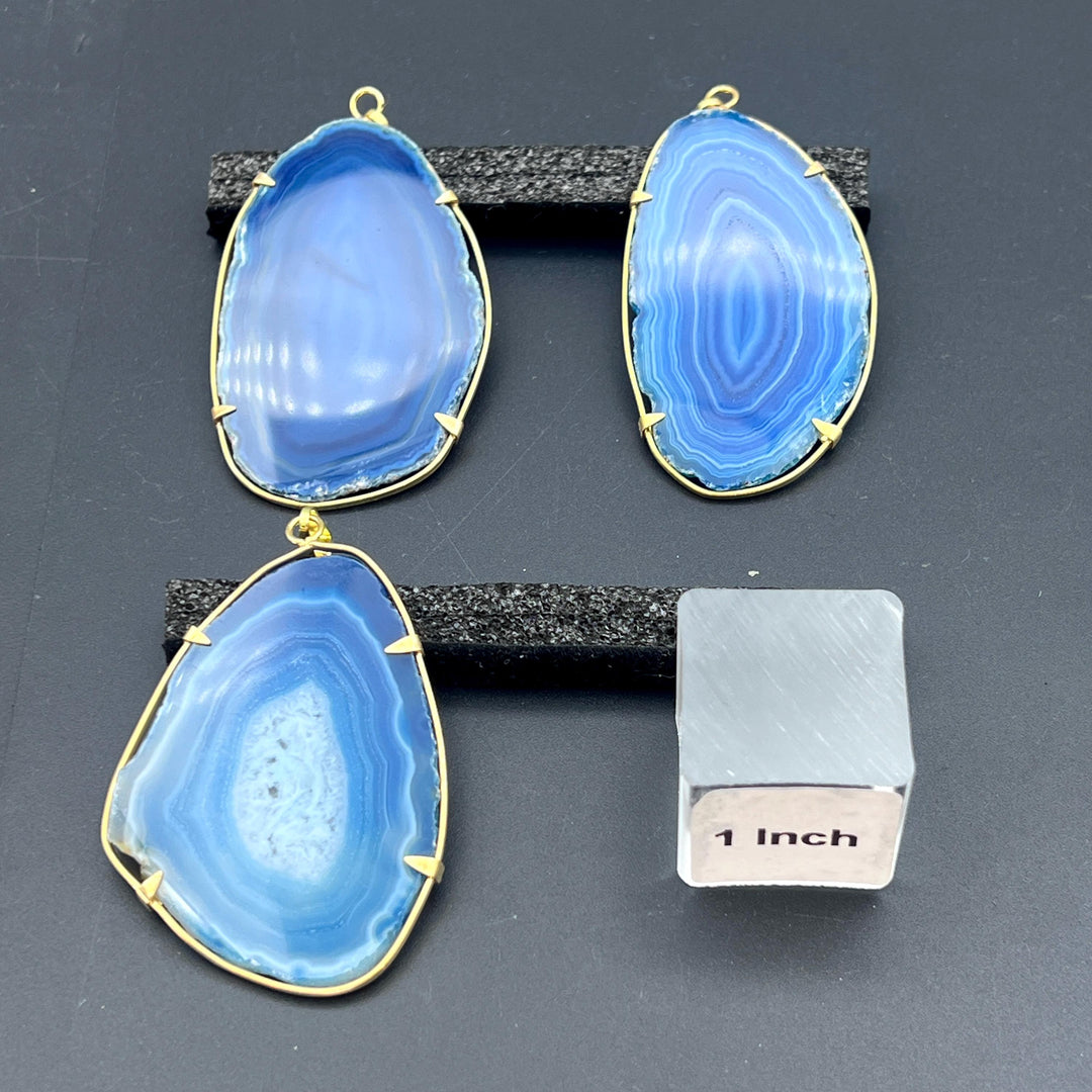 Blue Agate Slice Gold Plated Prong Pendant