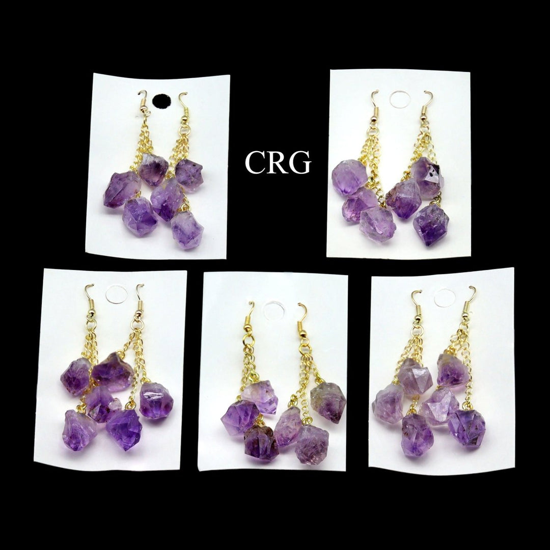 Amethyst Triple Point Earrings with Gold Plated Wire (1 Pair) Wholesale Crystal Gemstone JewelryCrystal River Gems