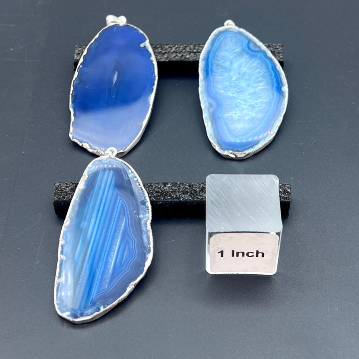 Blue Agate Slice Silver Plated Pendant