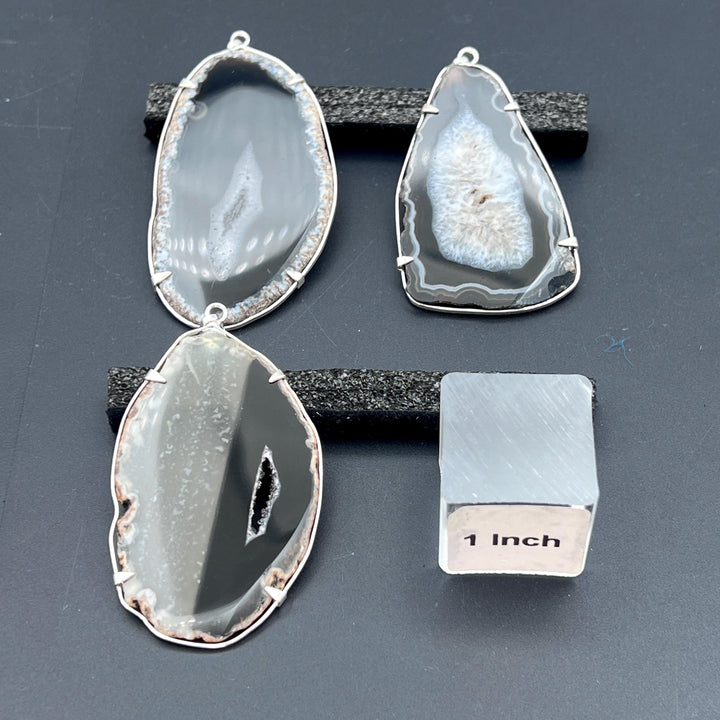Black Agate Slice Silver Plated Prong Pendant