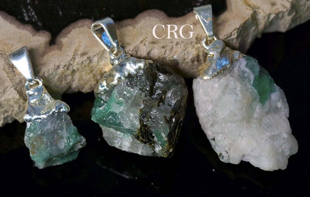 Emerald Rough Matrix Pendant Silver - Plated (1 Piece) 1 Inch Green Crystal CharmCrystal River Gems