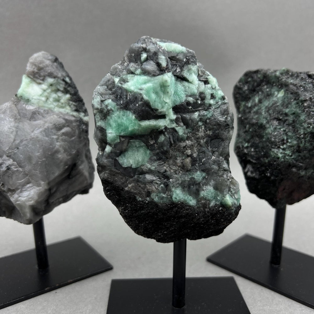 Emerald Rough Specimen on Metal Stand Gemstone Home Decor Wholesale Crystal SupplyCrystal River Gems