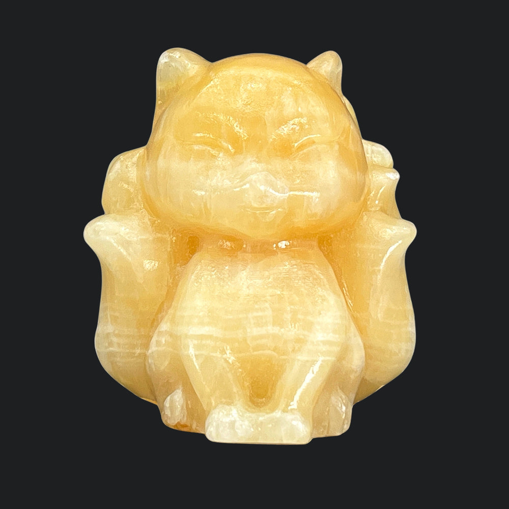 Yellow Calcite Nine Tailed Fox Gemstone (1 Piece) Size 4.5 Inches Crystal Animal Carving
