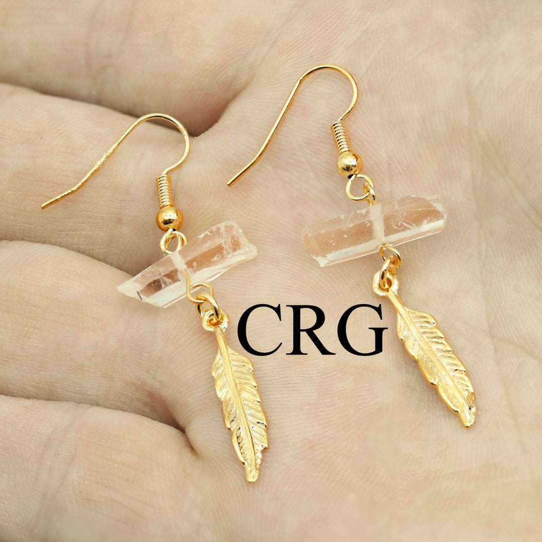 Clear Quartz Point Earrings with Gold Plated Feather Charm and Wire (1 Pair) Wholesale Crystal Gemstone JewelryCrystal River Gems