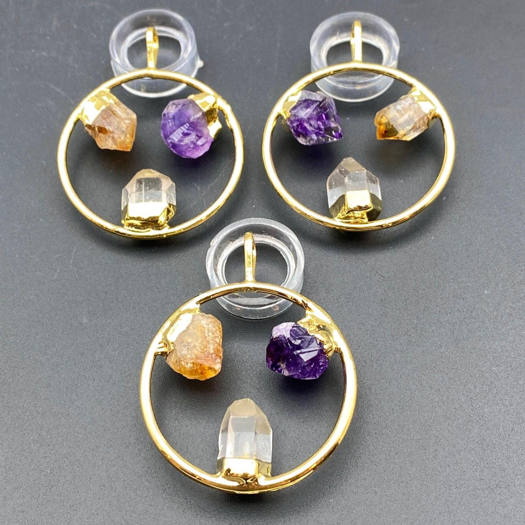 Gold Plated Ring Pendant with Mixed Fixed Crystal PointsCrystal River Gems