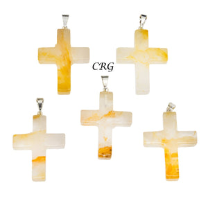 Golden Healer Quartz Cross Pendant with Silver Bail (5 Pieces) Size 30 mm Crystal Jewelry Charm